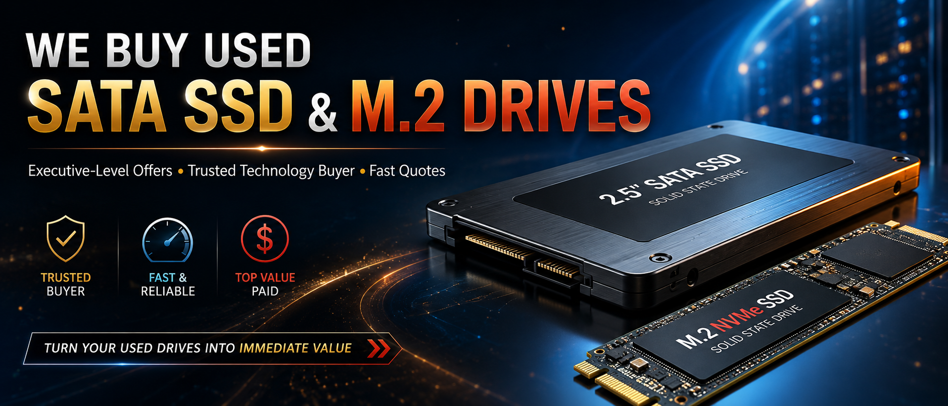We buy used SATA SSD and M.2 drives at 623 PC Technology Services
